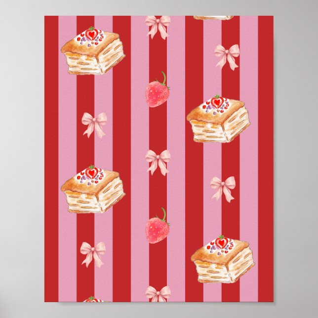 Affiche Conception rayée rose et rouge avec motif de gâtea (Devant)