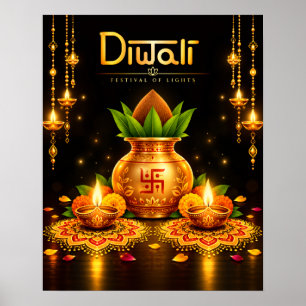 Affiche Conception traditionnelle de Diwali Kalash et Diya
