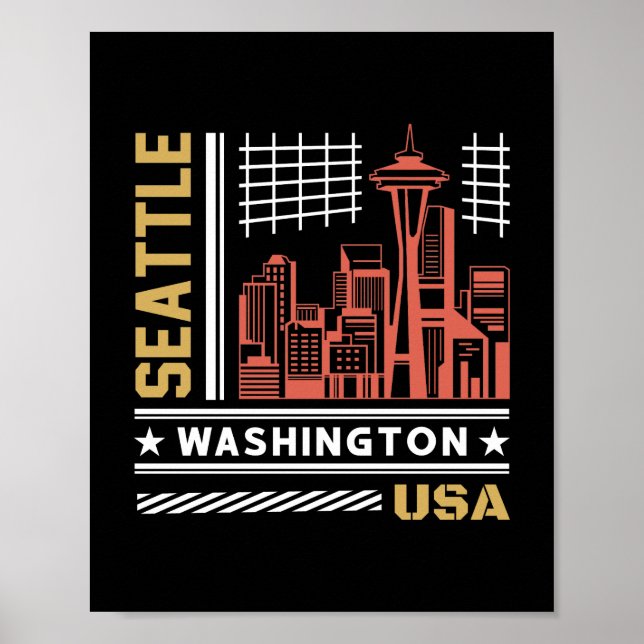 Affiche Conception urbaine rétro de la skyline de Seattle  (Devant)