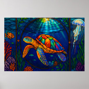 Affiche Conception vibrante de tortue marine en verre colo