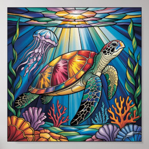 Affiche Conception vibrante de tortue marine en verre colo
