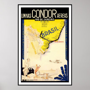 Affiche Condor Aereas du Brésil Linhas de Rio de Janeiro
