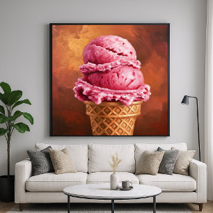 Affiche Cône de crème glacée fraise - Art de style peintre
