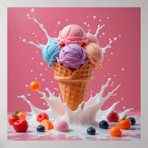 Affiche Cône de glace coloré avec du lait éclaboussant