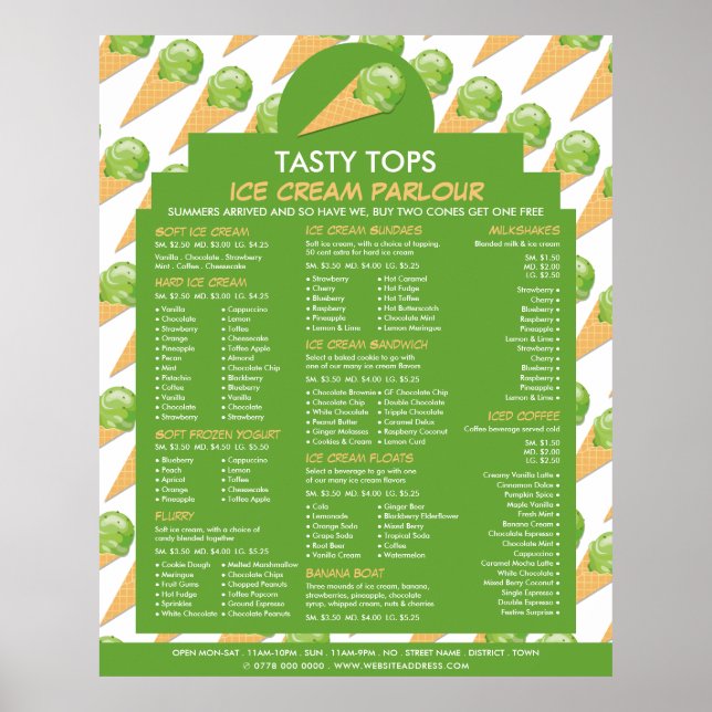 Affiche Cônes de glace, Menu de salon de glace (Devant)
