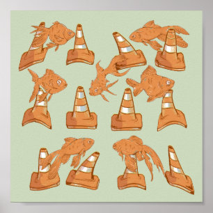 Affiche Cônes de la route et poisson rouge orange