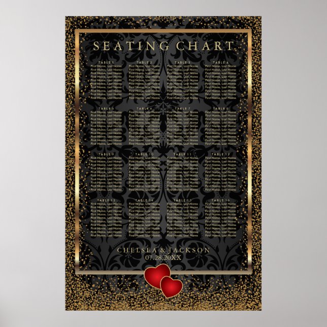 Affiche Confetti d'or et Damas noir - Carte de siège (Devant)