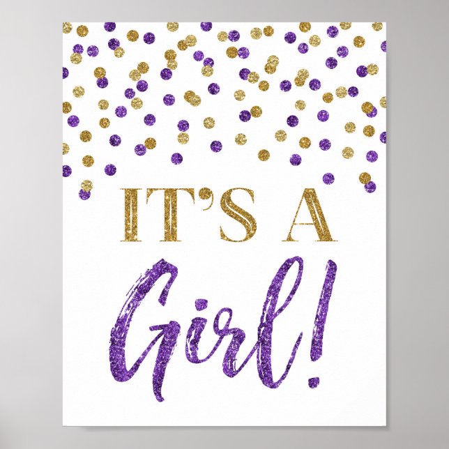 Affiche Confetti d'or violet C'est un signe de Baby shower (Devant)