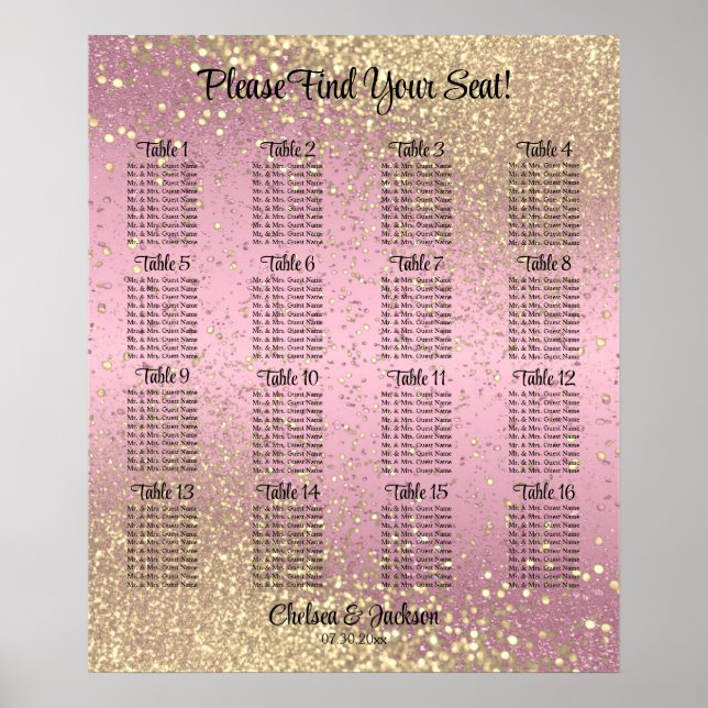 Affiche Confetti rose et or - 16 Seating Chart (Devant)