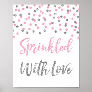 Affiche Confettis argentés roses arrosés avec le signe