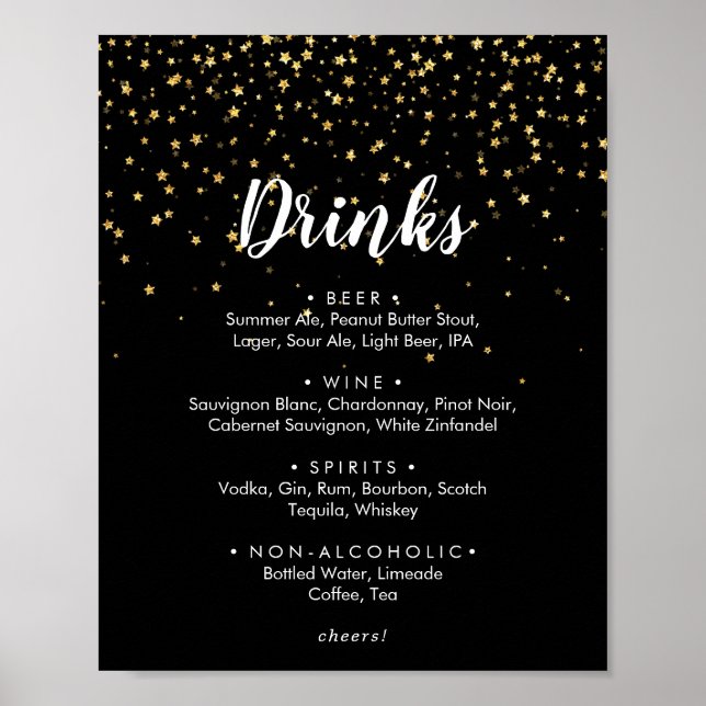 Affiche Confettis dorés | Panneau de menu de boissons de m (Devant)