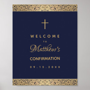 Affiche Confirmation Garçon Marine Blue Gold Roses Bienven