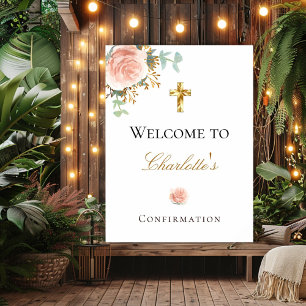 Affiche Confirmation rose poudré floral eucalyptus bienven