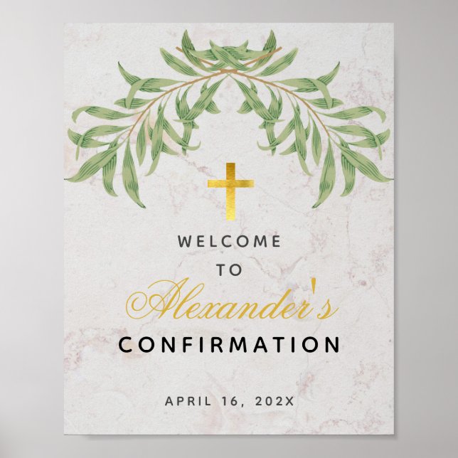 Affiche Confirmation Welcome Green Gold Cross Marble (Devant)