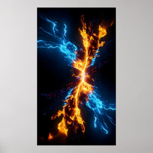 Affiche Conflit d'énergie du feu d'or bleu abstrait