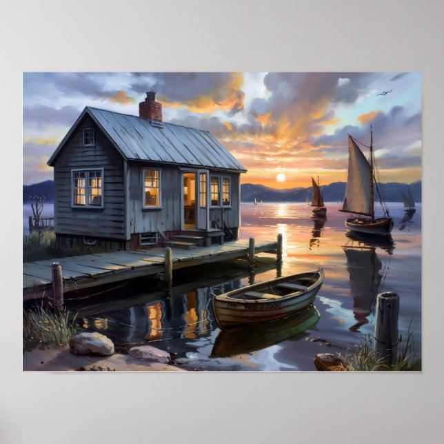 Affiche Confort du coucher de soleil : Cabane au bord du l (Devant)