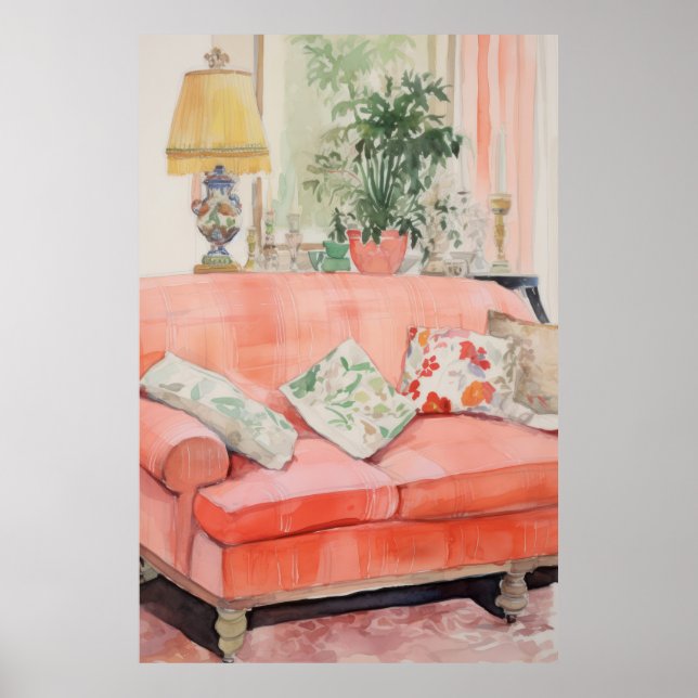 Affiche Confort Rose – Canapé Rose Aquarelle Salon (Devant)
