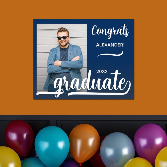 Affiche Congrats Modernes Graduation Photo Bleu (Modern congrats blue graduation poster with your photo)
