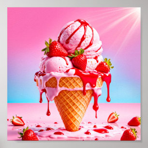 Affiche Conne de crème glacée de fraise fondue