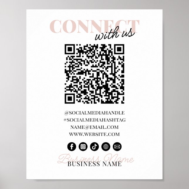 Affiche Connectez-vous avec nous QR Code Pink Script Nom c (Devant)