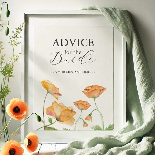 Affiche Conseils Pour Le Mariage Floral Marié (Advice for the bride sign watercolor orange poppy flowers by Victoria Grigaliunas of Do Tell A Belle)