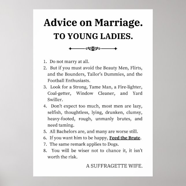 Affiche Conseils Sur Le Mariage À La Jeune Dame | Funny fé (Devant)