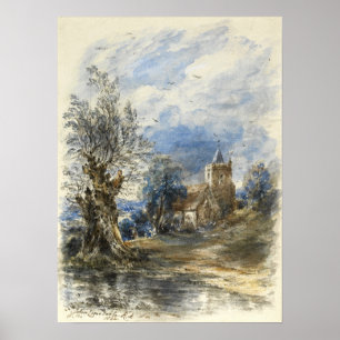 Affiche Constable - Un saule au bord de l'eau, une église