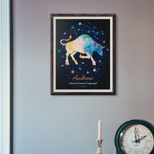 Affiche Constellation du Taureau Zodiaque Galaxie Aquarell