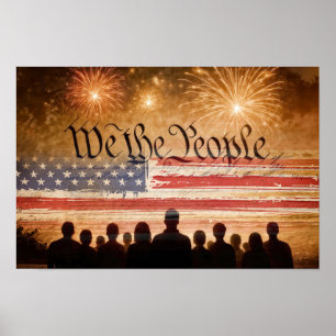 Affiche Constitution des États-Unis avec drapeau et feux d