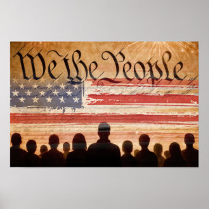 Affiche Constitution des États-Unis avec drapeau et feux d