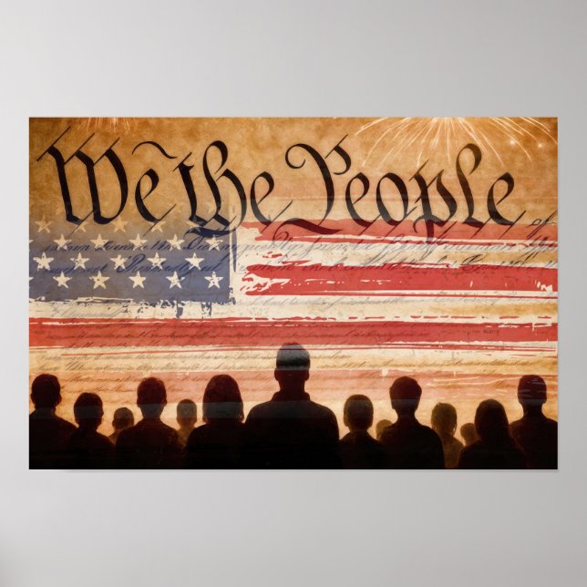 Affiche Constitution des États-Unis avec drapeau et feux d (Devant)