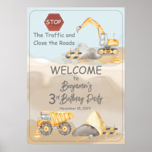 Affiche Construction Dump Truck Boy 3e fête d'anniversaire
