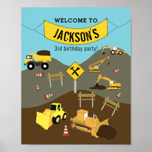 Affiche Construction Trucks Site Birthday Welcome Sign
