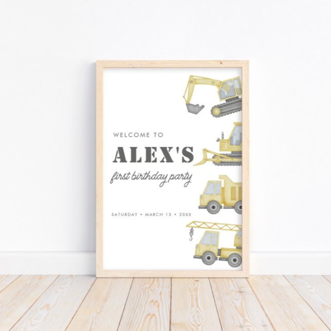 Affiche Construction Véhicules Camion Garçons 1er annivers (Créateur téléchargé)
