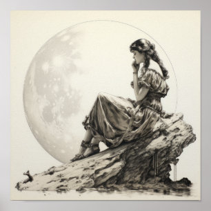 Affiche Contemplations célestes : Fille sur la Lune Ponder