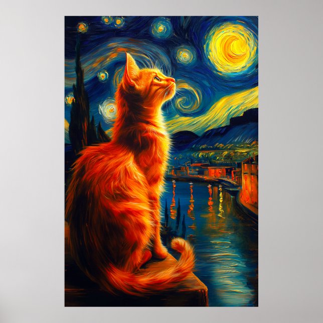 Affiche Contemplative Ginger Cat | Starry Night Sky (Devant)
