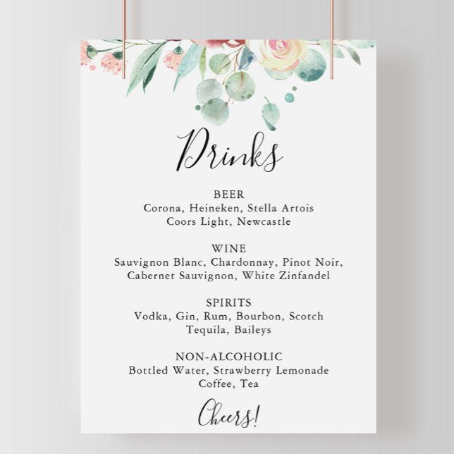 Affiche Contemporain Eucalyptus Mariage Boissons Menu Sign (Créateur téléchargé)