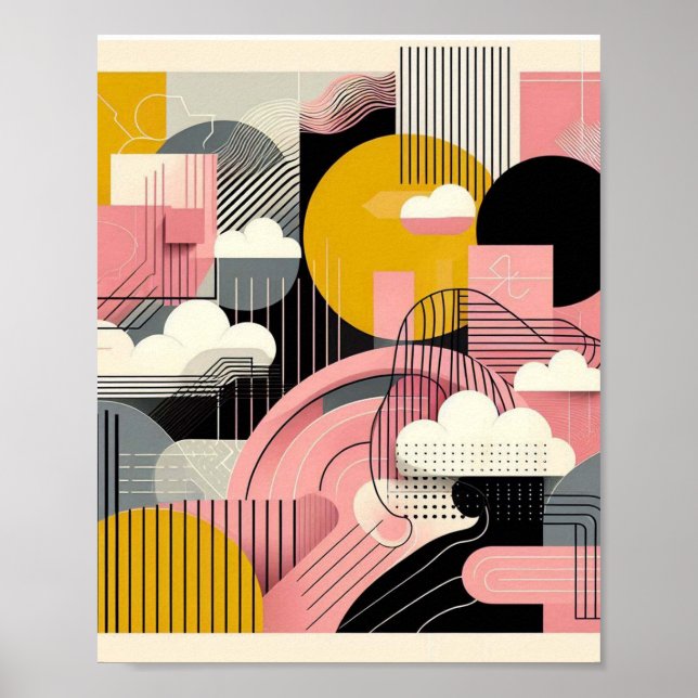 Affiche Contemporain moderne Abstrait rose jaune noir (Devant)
