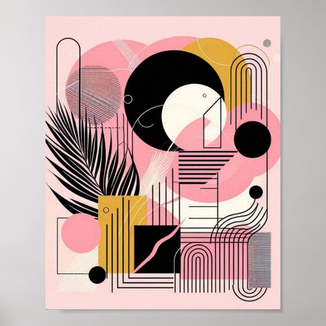 Affiche Contemporain moderne Abstrait rose jaune noir (Devant)