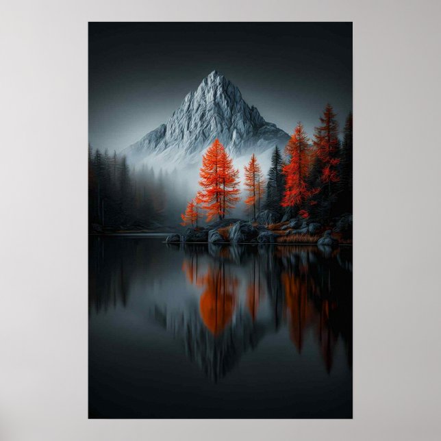 Affiche Contraste Alpin : Pins enflammés au lac (Devant)