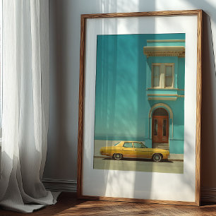 Affiche Contraste côtier : Voiture Vintage jaune