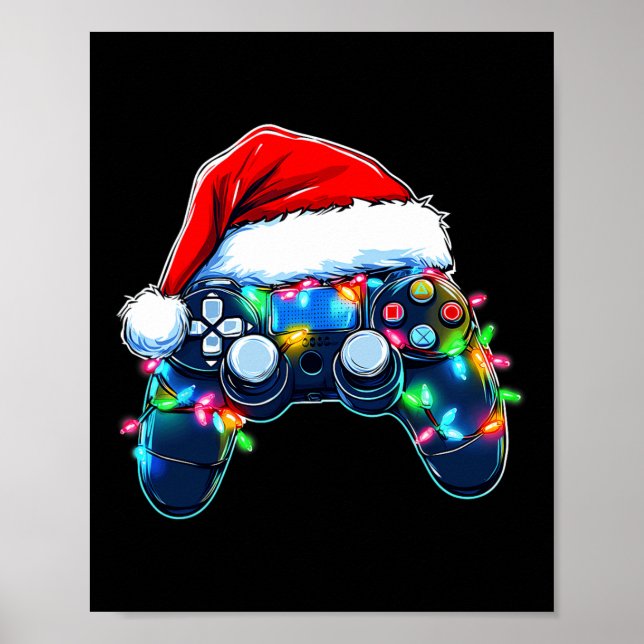 Affiche Contrôleur de jeu vidéo Noël Santa Hat Gamer Bo (Devant)