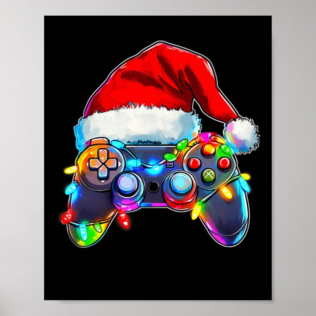 Affiche Contrôleur de jeu vidéo Noël Santa Hat Gamer Bo (Devant)