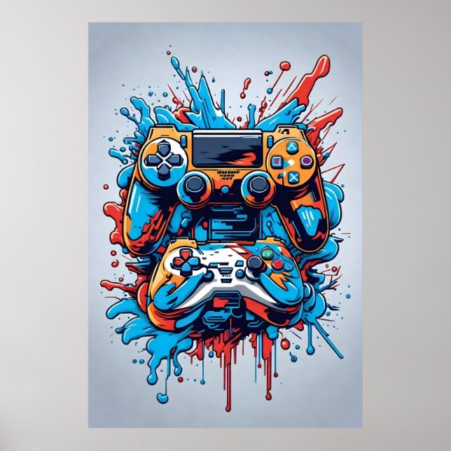 Affiche Contrôleurs de jeu avec peinture à la goutte (Devant)
