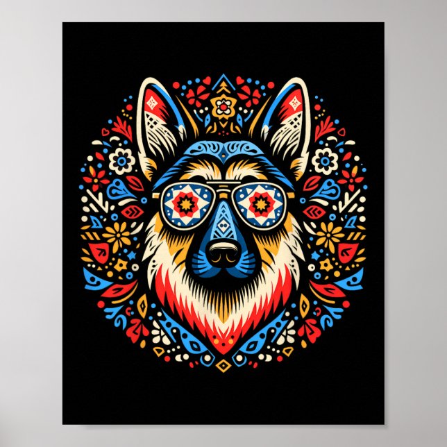 Affiche Cool berger allemand chien folk style d'art Noël (Devant)