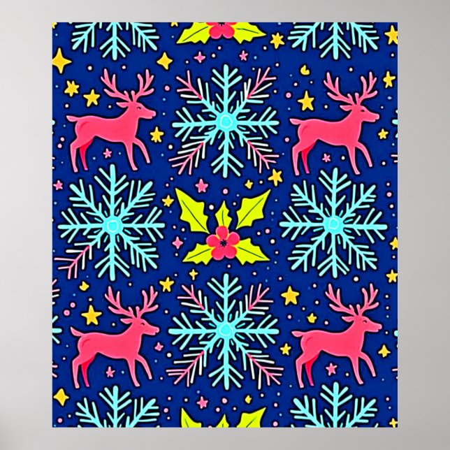 Affiche Cool Blue Christmas Reindeer Pattern Design (Devant)