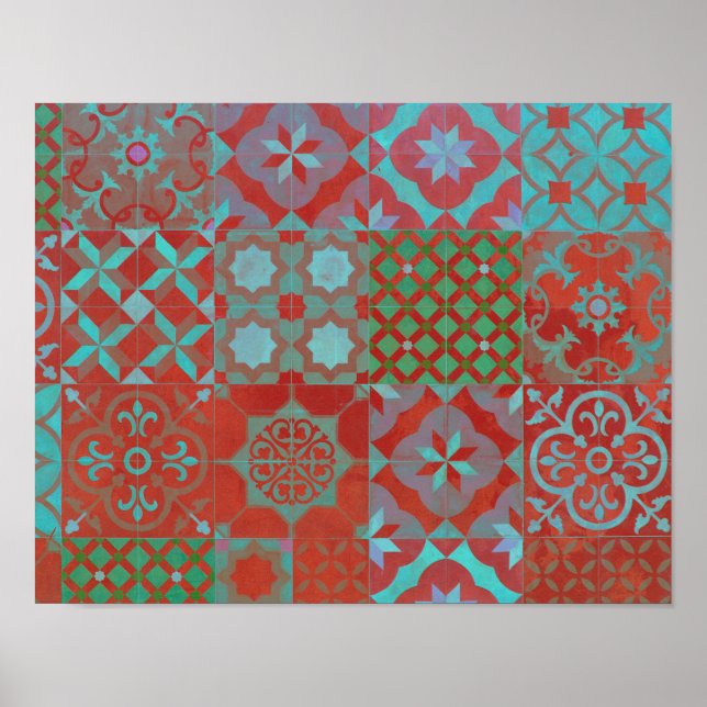 Affiche Cool, carreaux de la mer Égée tendance en rouge et (Devant)