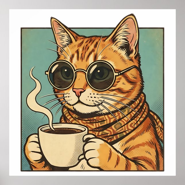 Affiche Cool Cat Coffee Retro Style Design for Cat Lovers (Devant)
