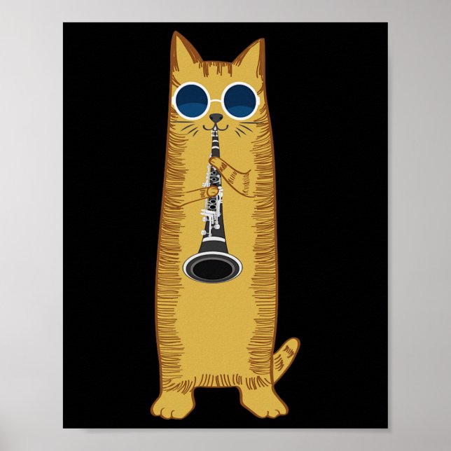 Affiche Cool Cat Playing The Clarinet Design Hippy Hipster (Devant)