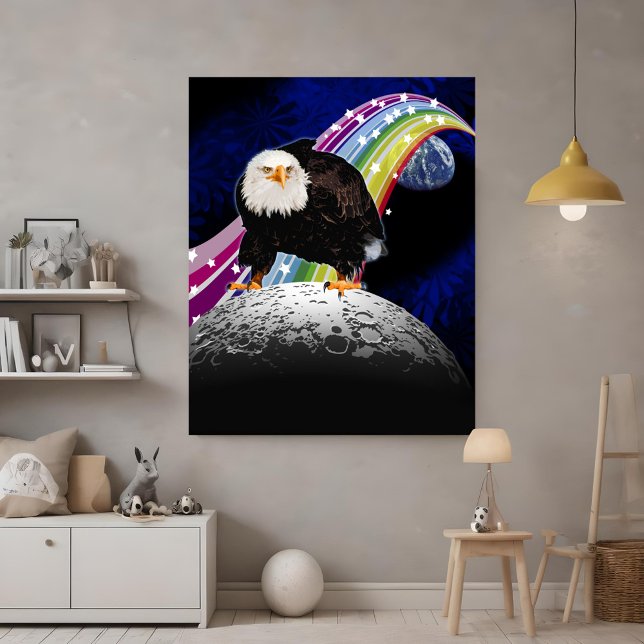 Affiche Cool de cuisine Lunar Rainbow USA Eagle Moon Landi (Moon landing bald eagle space collage poster with rainbow streaming from Earth)